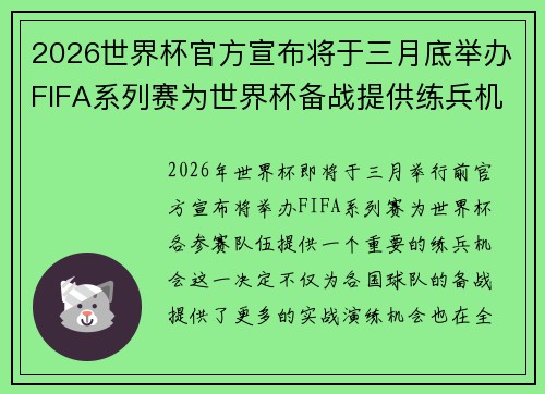 2026世界杯官方宣布将于三月底举办FIFA系列赛为世界杯备战提供练兵机会