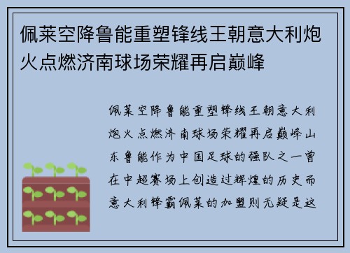 佩莱空降鲁能重塑锋线王朝意大利炮火点燃济南球场荣耀再启巅峰